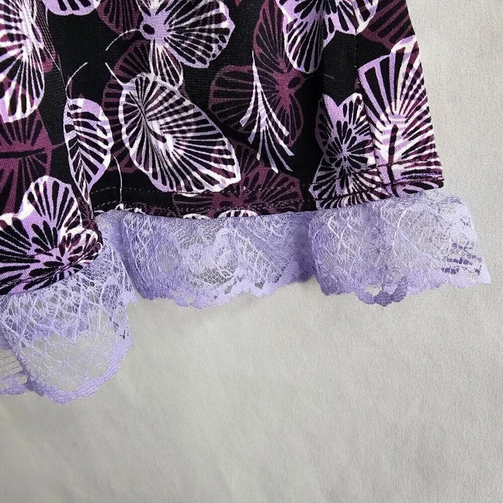 SAG HARBOR Skirt size L BLACK & PURPLE FLORAL w LACE Feminine Summer Spring Cute